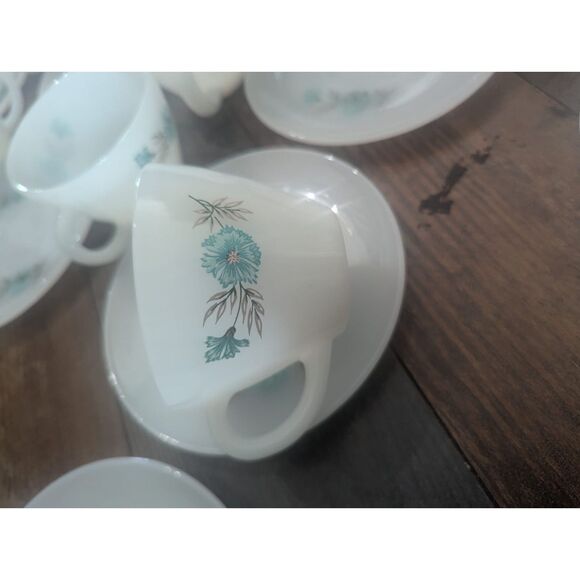 Fire King Blue Floral Milk Glass Tea Cup & Saucer Set – 11 Sets + 2 Extra Plates - Picture 2 of 4